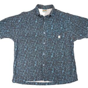 Rusty Tropical Floral Button‎ Up Mens L Black Turquoise Rayon Camp Collar 90s